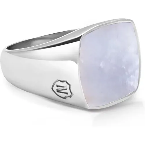 Men's Silver Signet Ring with Natural White Shell , male, Sizes: 62 MM, 60 MM - Nialaya - Modalova