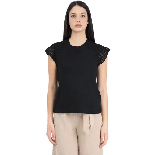 Schwarzes T-Shirt mit Spitze , Damen, Größe: XS - Only - Modalova