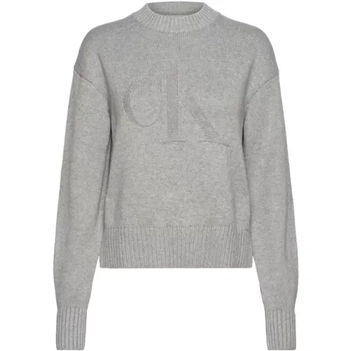 Grauer Crewneck Pullover mit Monogramm , Damen, Größe: L - Calvin Klein Jeans - Modalova