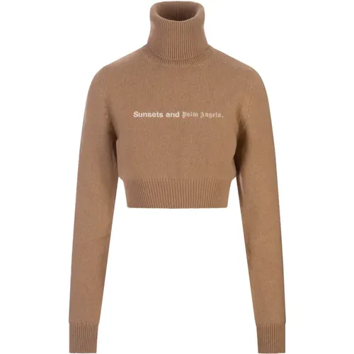 Brauner Crop Turtleneck Sweater mit Slogan , Damen, Größe: XS - Palm Angels - Modalova