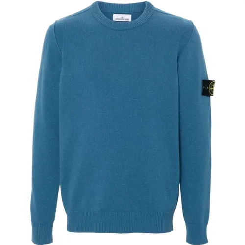 Blauer Rundhals-Lambswool-Pullover , Herren, Größe: L - Stone Island - Modalova