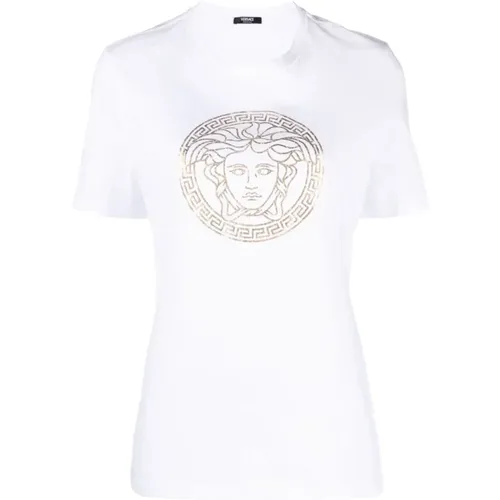 Gold-tone Medusa Head T-shirts and Polos , female, Sizes: XS, S - Versace - Modalova