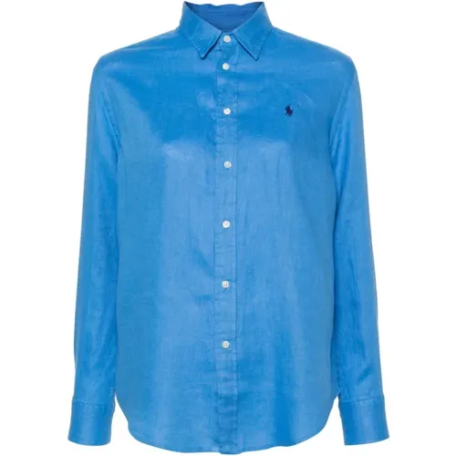 Blaues Leinenhemd mit Signature Pony , Damen, Größe: XS - Polo Ralph Lauren - Modalova