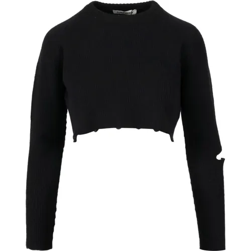 Schwarzer Crop Sweatshirt mit Schlitz und Logo-Tag , Damen, Größe: L - A Paper Kid - Modalova