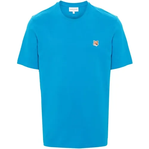 Blaue T-Shirts und Polos mit Fox Head Patch , Herren, Größe: M - Maison Kitsuné - Modalova