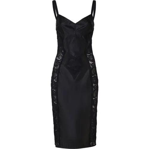 Schwarzes Satin Spitze Korsett Midi Kleid - Dolce & Gabbana - Modalova