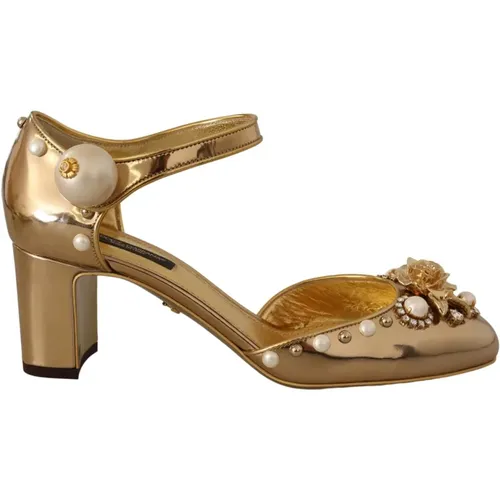 Gold Leather Crystal Ankle Strap Pumps , female, Sizes: 4 UK - Dolce & Gabbana - Modalova
