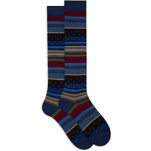 Lange blaue Baumwollsocken für Damen mit Streifen und Punkten - Gallo - Modalova