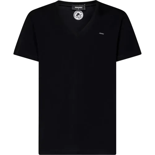 Schwarzes V-Ausschnitt T-Shirt mit Logo-Platte , Herren, Größe: L - Dsquared2 - Modalova