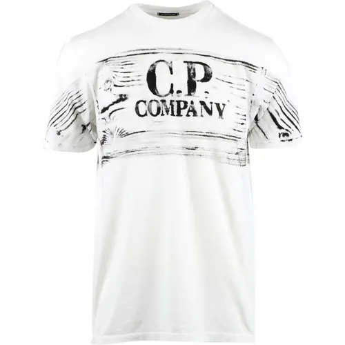 Weißes T-Shirt mit Rundhalsausschnitt und Kontrastlogo - C.P. Company - Modalova