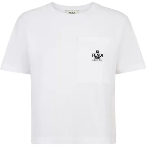Weiße T-Shirt mit besticktem Logo,Kurzarm Baumwoll-Jersey T-Shirt mit Schwarzer Roma Tasche - Fendi - Modalova