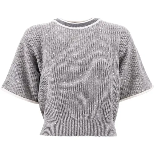 Grey Linen Blend Sweater with Contrasting Border , female, Sizes: M - BRUNELLO CUCINELLI - Modalova