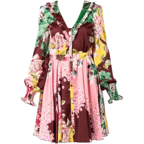 Blumiges Midi-Kleid mit V-Ausschnitt und Knopfleiste , Damen, Größe: S - pinko - Modalova