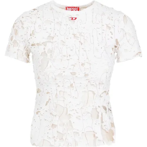 Weiße Baumwoll-T-Shirt Distressed-Effekt , Damen, Größe: M - Diesel - Modalova