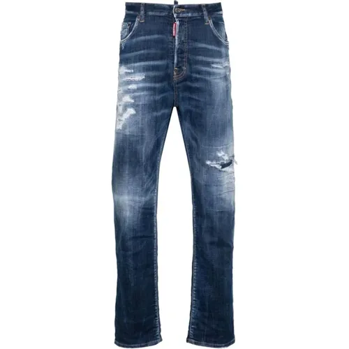 Indigo Ripped Washed Straight-Leg Jeans , male, Sizes: L, M, XL, 2XL - Dsquared2 - Modalova