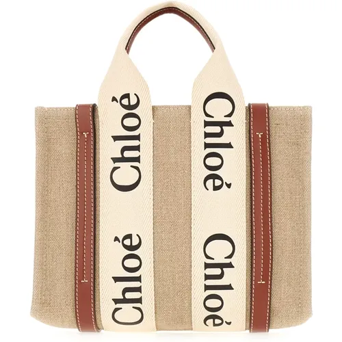 Handtaschen,Weiß Braun Linen Woody Tote Tasche - Chloé - Modalova