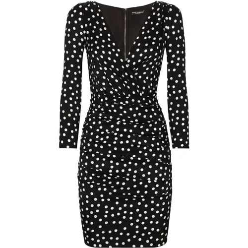 Schwarzes gepunktetes Kleid mit drapierten Details - Dolce & Gabbana - Modalova
