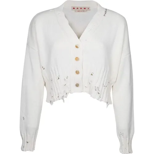 Weiße Baumwoll-Cardigan mit Handgesticktem Logo , Damen, Größe: S - Marni - Modalova