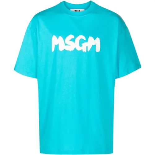 Brushstroke Logo Turquoise T-Shirt , male, Sizes: L - Msgm - Modalova