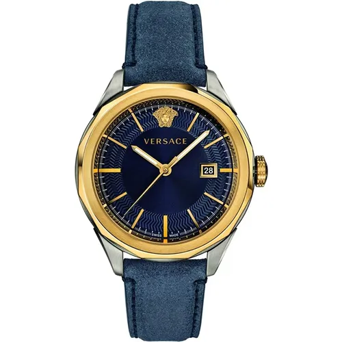 Blau Leder Gold Stahl Uhr Vera00218 - Versace - Modalova