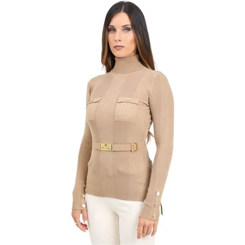 Brauner Rollkragenpullover mit Logodetails , Damen, Größe: S - Elisabetta Franchi - Modalova