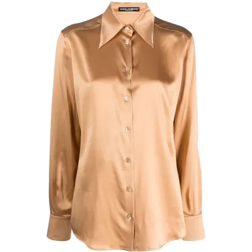 Satin-Finish Silk Shirt with Gold-Tone Collar , female, Sizes: S, XS - Dolce & Gabbana - Modalova