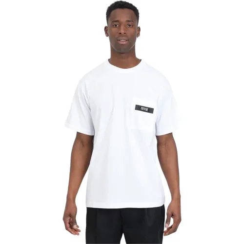 Weißes Baumwoll-T-Shirt mit Schwarzem Logo-Patch - Versace Jeans Couture - Modalova