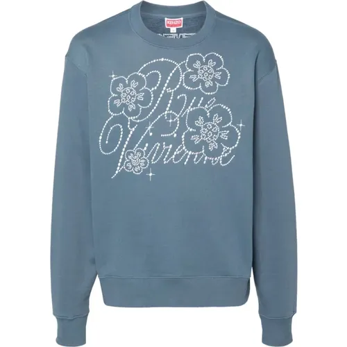 Blauer Rundhalsausschnitt Pullover mit Besticktem Logo - Kenzo - Modalova