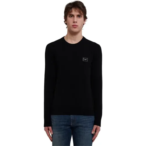 Schwarzer Woll-Crewneck-Pullover mit Logo-Platte,Schwarze Sweaters - Pull GIROCOLLO,Luxuriöser Woll- und Kaschmir-Crewneck-Pullover - Dolce & Gabbana - Modalova