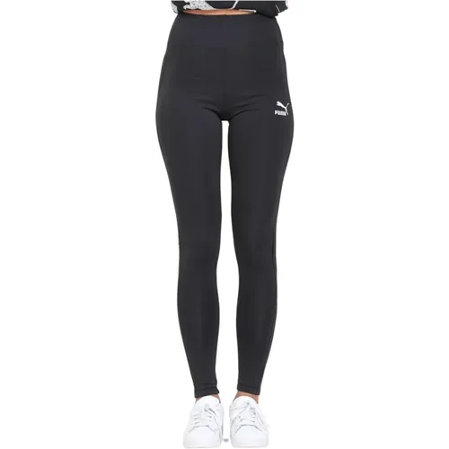 Schwarze Leggings mit hoher Taille und weißem Logo-Druck , Damen, Größe: XL - Puma - Modalova