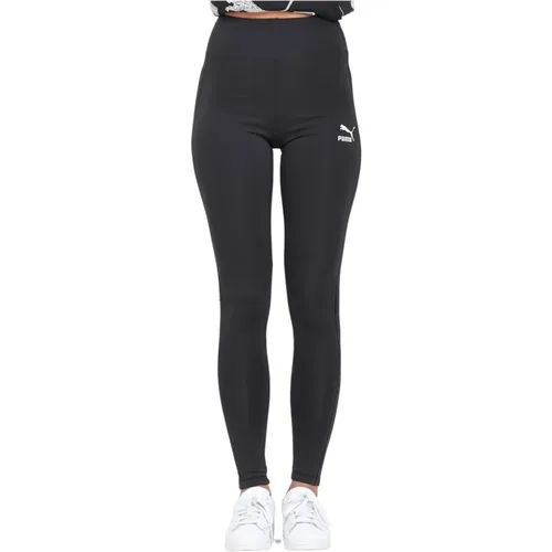 Schwarze Leggings mit hoher Taille und weißem Logo-Druck , Damen, Größe: XS - Puma - Modalova