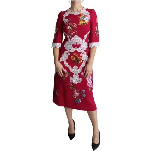 Rotes Blumen Besticktes Sheath Midi Kleid - Dolce & Gabbana - Modalova