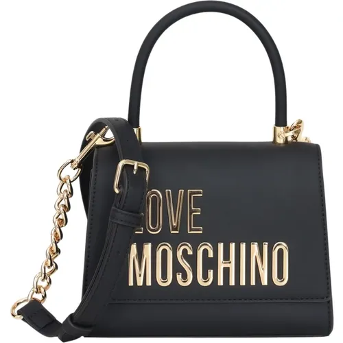 Schwarze Handtasche mit metallischem Logo,Schwarze Ecoleder-Handtasche mit goldenen Buchstaben - Love Moschino - Modalova