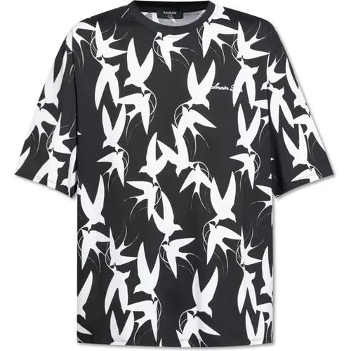 T-Shirt mit Vogelmotiv , Herren, Größe: XL - Balmain - Modalova