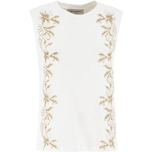 Floral Embroidered Sleeveless T-Shirt , female, Sizes: L, S - Ermanno Scervino - Modalova