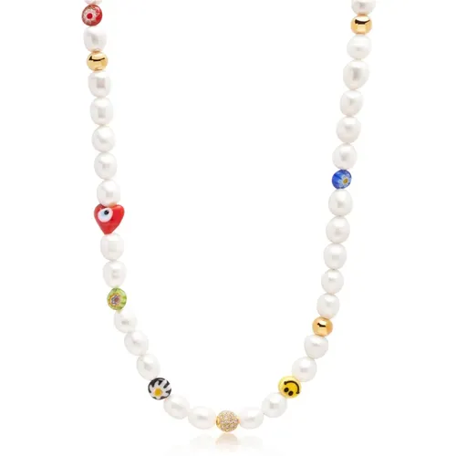 Women& Smiley Face Pearl Necklace with Assorted Beads , female, Sizes: ONE SIZE - Nialaya - Modalova