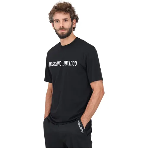 Schwarzes T-Shirt mit kurzen Ärmeln und Logo-Stickerei , Herren, Größe: L - Moschino - Modalova