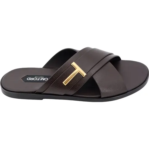 Leather Sandals with Metal Monogram , male, Sizes: 7 UK - Tom Ford - Modalova