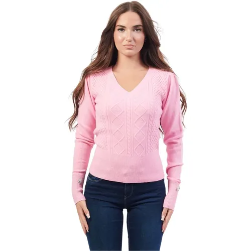 Rosa V-Ausschnitt Pullover mit bestickten Details , Damen, Größe: M - Fracomina - Modalova