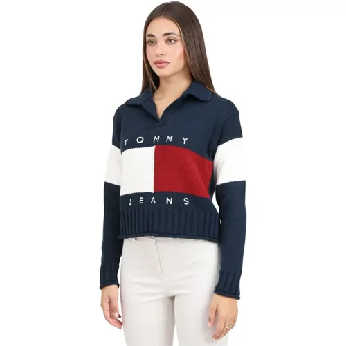 Blauer V-Ausschnitt Pullover mit Rugby-Kragen , Damen, Größe: S - Tommy Jeans - Modalova