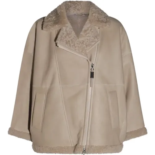 Pelz Lederjacke,Shearling Bikerjacke mit Besticktem Detail - BRUNELLO CUCINELLI - Modalova