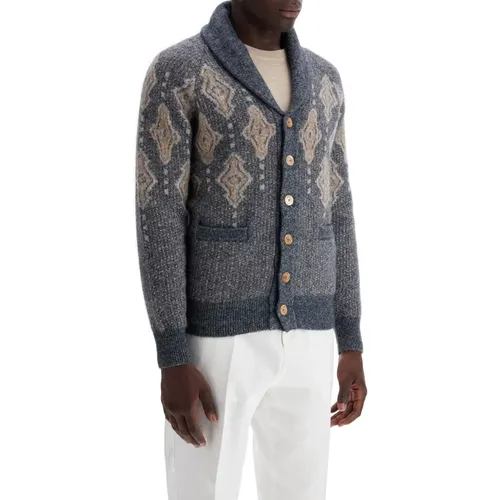 Geometric Jacquard Cardigan , male, Sizes: 3XL - BRUNELLO CUCINELLI - Modalova