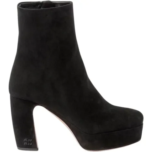 Retro-Style Suede Ankle Boots , female, Sizes: 6 1/2 UK - Miu Miu - Modalova