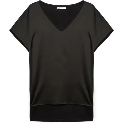 Satin und Jersey V-Ausschnitt T-Shirt , Damen, Größe: M - Fiorella Rubino - Modalova