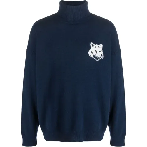 Blauer Wollrollkragenpullover - Maison Kitsuné - Modalova