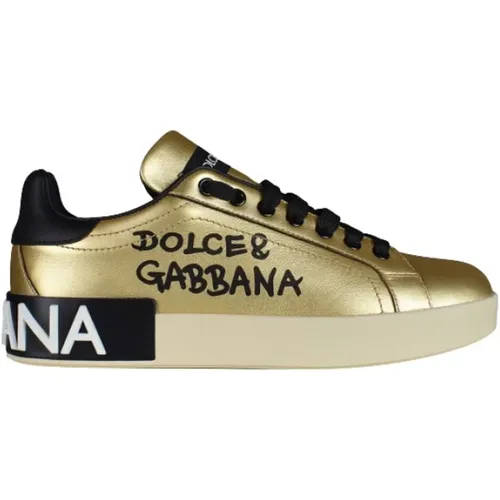 Gold Foiled Portofino Sneakers , Damen, Größe: 35 1/2 EU - Dolce & Gabbana - Modalova