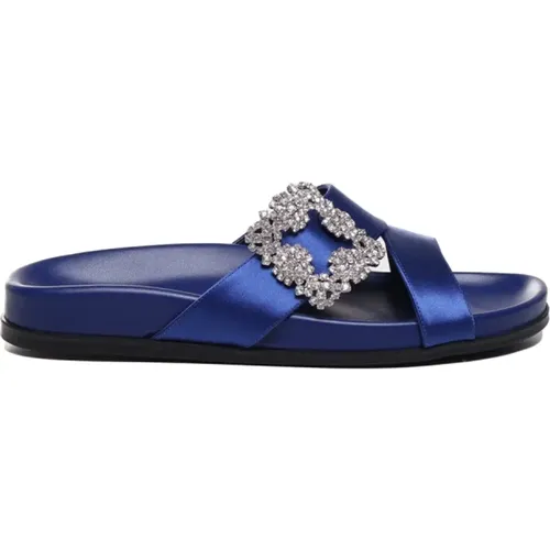 Blaue Satin-Sandalen mit Juwelen-Schnalle - Manolo Blahnik - Modalova