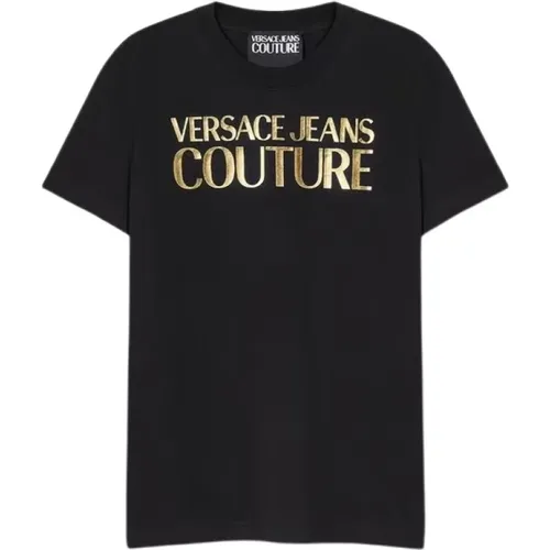 Schwarzes Tee mit Gold Branding - Versace Jeans Couture - Modalova