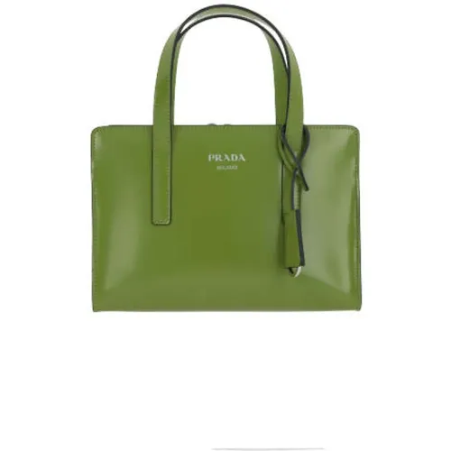 Grüne gebürstete Lederhandtasche mit Kontrastbesatz - Prada - Modalova