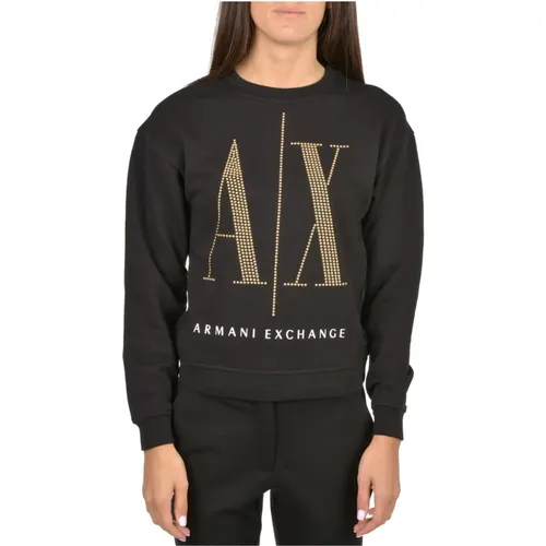 Schwarzer Pullover mit ICON-Logo Strass , Damen, Größe: L - Emporio Armani - Modalova